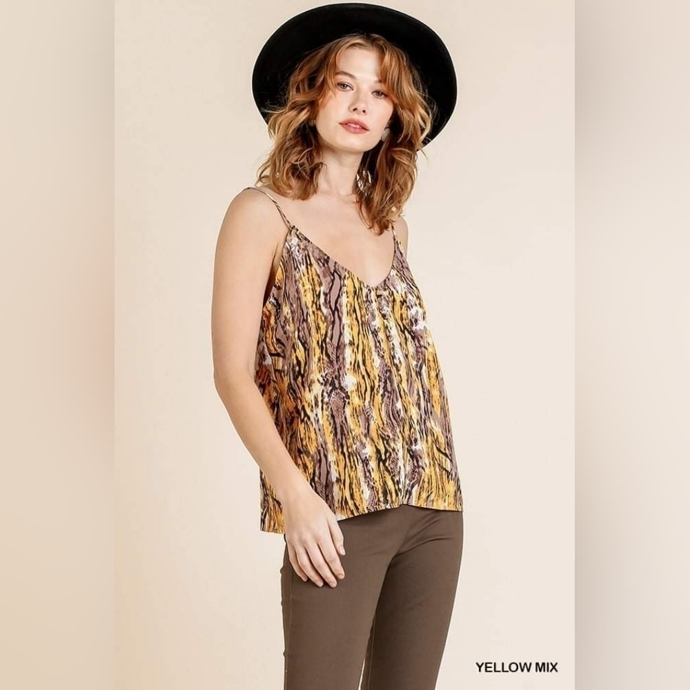 Umgee Yellow Black and Brown Camisole Spaghetti Strap Tank Top
